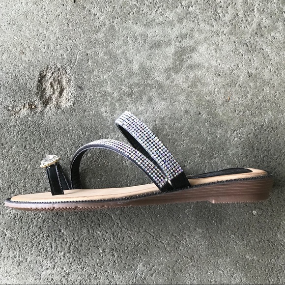 Bolaro Black Toe Ring Rhinestone Slide Sandal - Picture 7 of 8